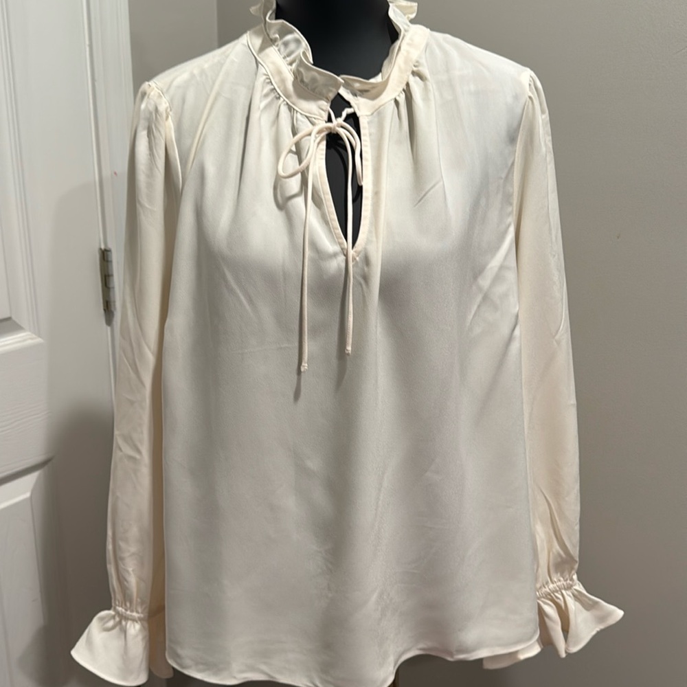 J. Crew NWT Cream Ruffle Neck Blouse Tie Front Long Sleeve Career Office Top